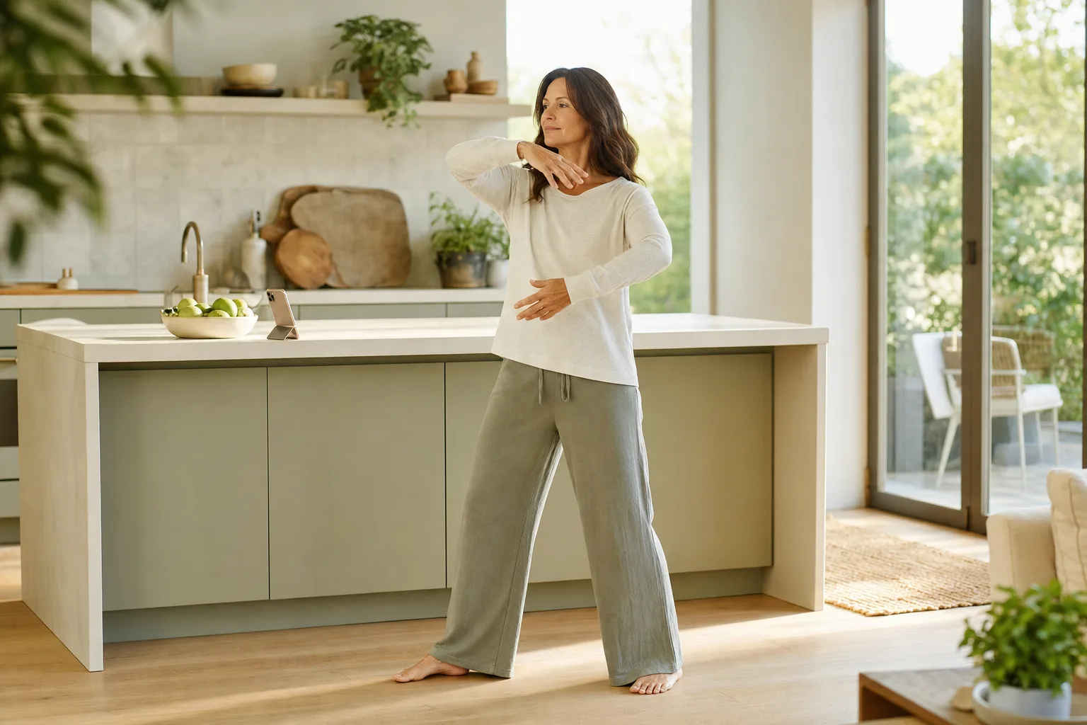 Morning Qi app beside a woman performing a gentle standing arm movement.